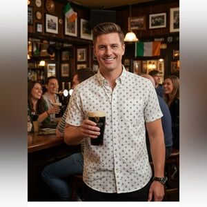 Kennington Shamrock Clover Short Sleeve Button Down Shirt Gray White Sz L Money